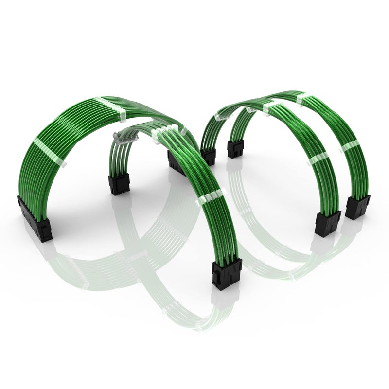 LINKUP - 30cm PSU PC Power Extension Cable Metallic Sleeved Silicone Coated Soft & Flexible to Route Custom Mod GPU & CPU w/Comb Kitâ”ƒ1x 24P (20+4)â”ƒ1x 8P (4+4) CPUâ”ƒ2X 8P (6+2) GPUâ”ƒ300mm - Green - Image 1